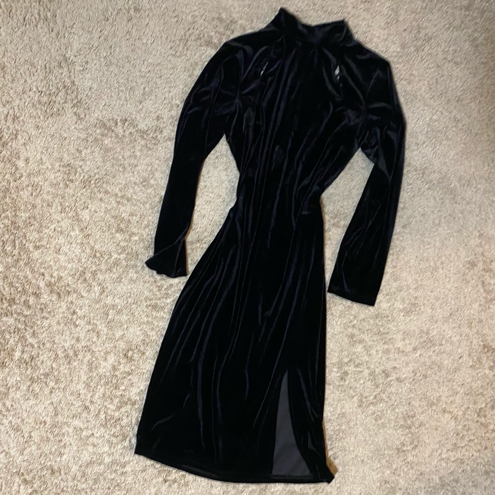 mock neck velvet midi dress